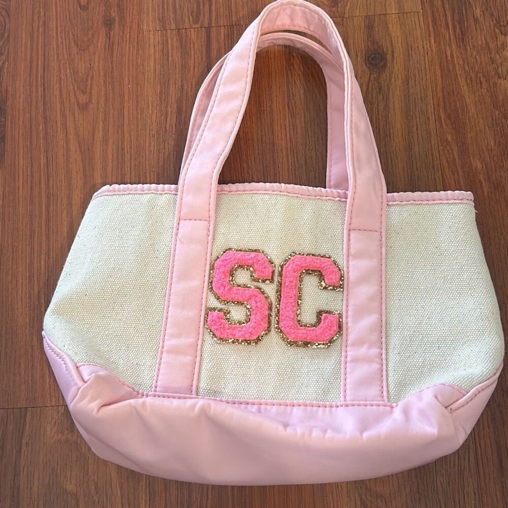 Stoney Clover Lane mini pink and canvas small tote bag with SC patches